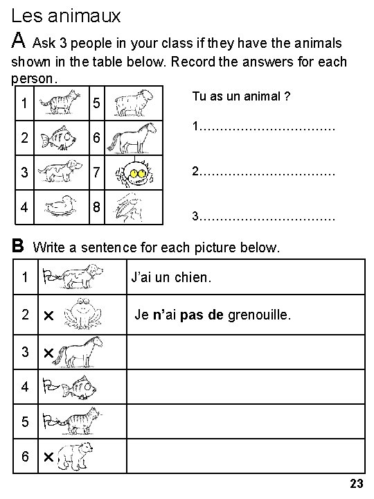 Les animaux A Ask 3 people in your class if they have the animals
