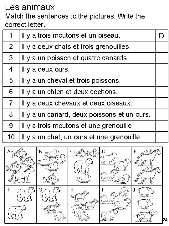 Les animaux Match the sentences to the pictures. Write the correct letter. 1 Il