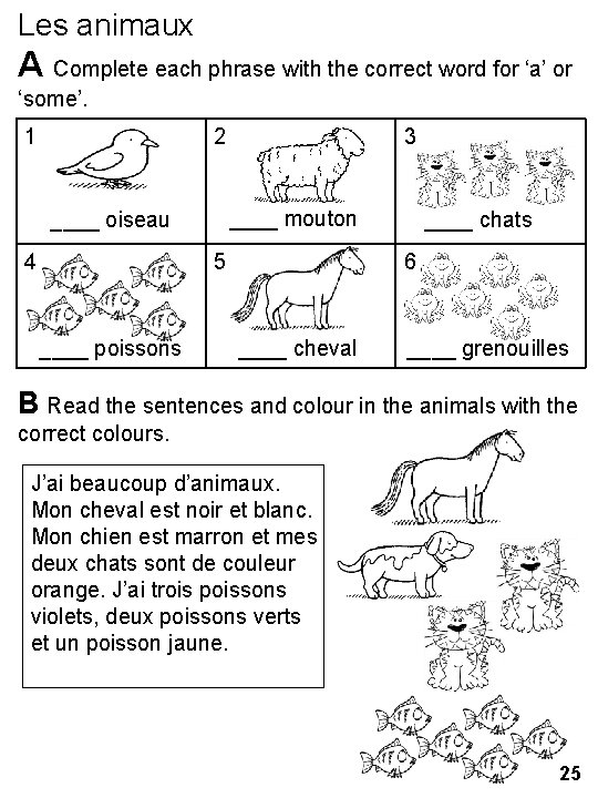 Les animaux A Complete each phrase with the correct word for ‘a’ or ‘some’.