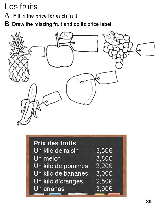 Les fruits A Fill in the price for each fruit. B Draw the missing