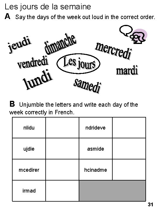 Les jours de la semaine A Say the days of the week out loud