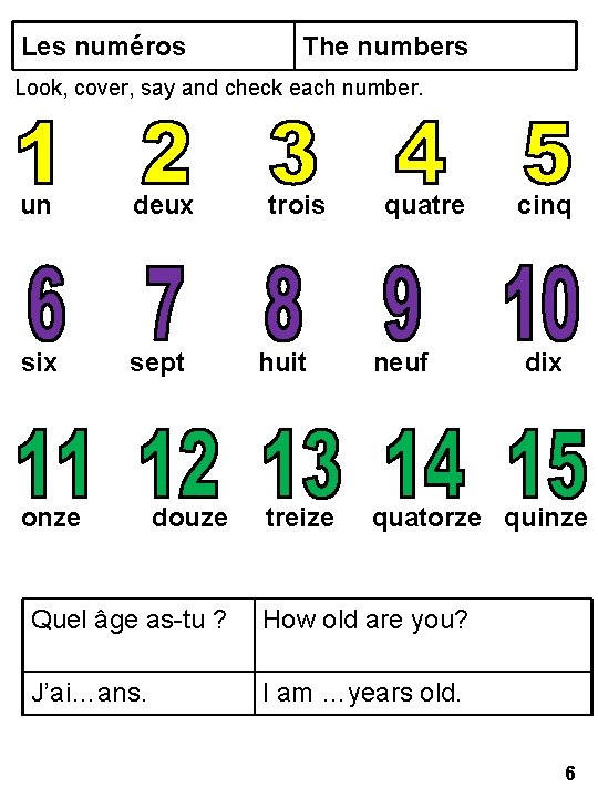 Les numéros The numbers Look, cover, say and check each number. un deux six