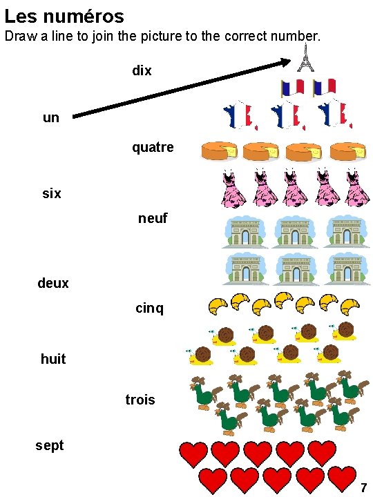 Les numéros Draw a line to join the picture to the correct number. dix