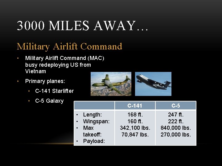 3000 MILES AWAY… Military Airlift Command • Military Airlift Command (MAC) busy redeploying US