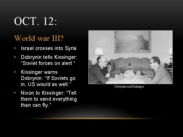 OCT. 12: World war III? • Israel crosses into Syria • Dobrynin tells Kissinger: