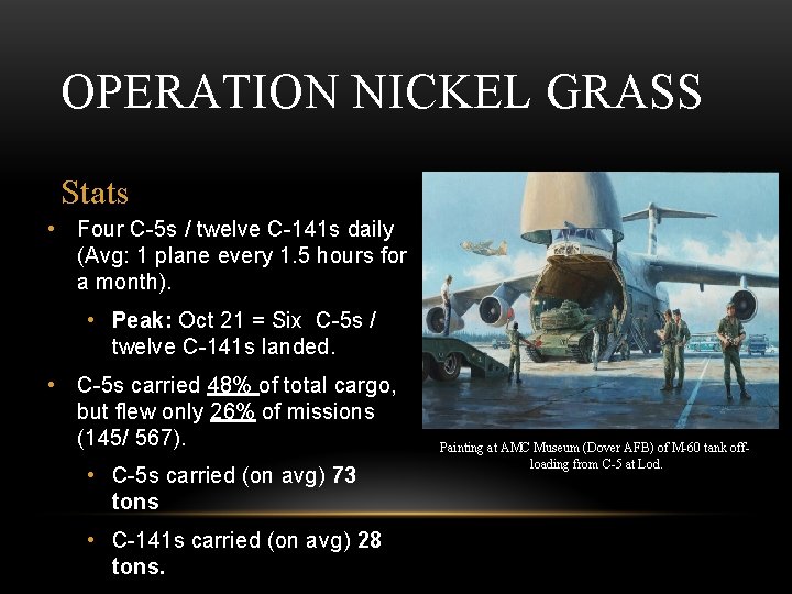 OPERATION NICKEL GRASS Stats • Four C-5 s / twelve C-141 s daily (Avg: