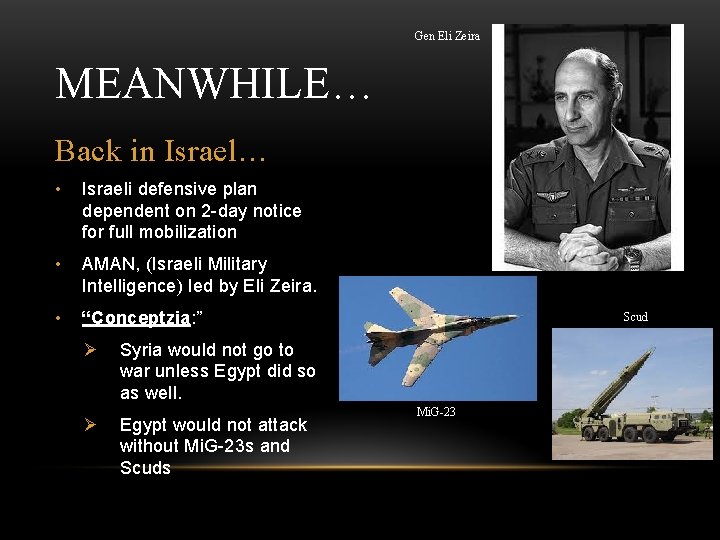 Gen Eli Zeira MEANWHILE… Back in Israel… • Israeli defensive plan dependent on 2