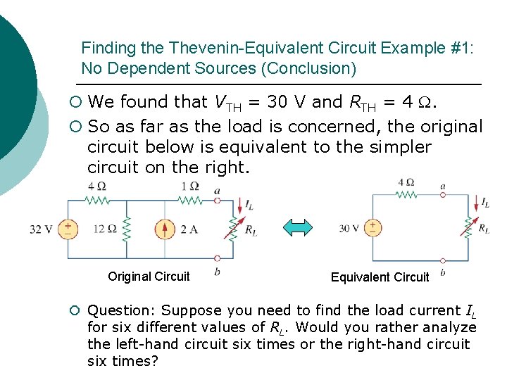 Finding the Thevenin-Equivalent Circuit Example #1: No Dependent Sources (Conclusion) ¡ We found that