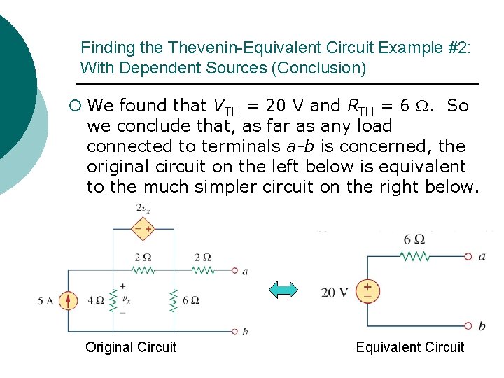 Finding the Thevenin-Equivalent Circuit Example #2: With Dependent Sources (Conclusion) ¡ We found that