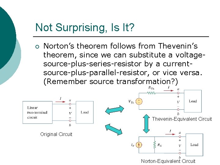 Not Surprising, Is It? ¡ Norton’s theorem follows from Thevenin’s theorem, since we can