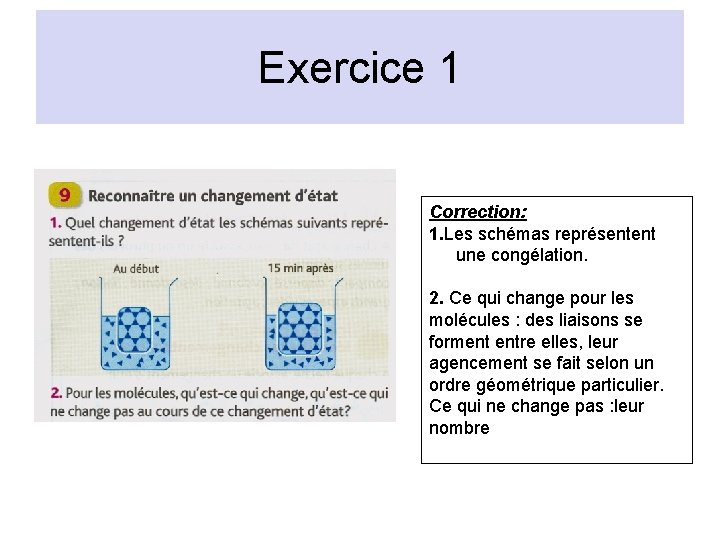 Exercice 1 Correction: 1. Les schémas représentent une congélation. 2. Ce qui change pour Exercice 1 Correction: 1. Les schémas représentent une congélation. 2. Ce qui change pour