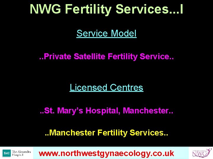 NWG Fertility Services. . . I Service Model. . Private Satellite Fertility Service. .