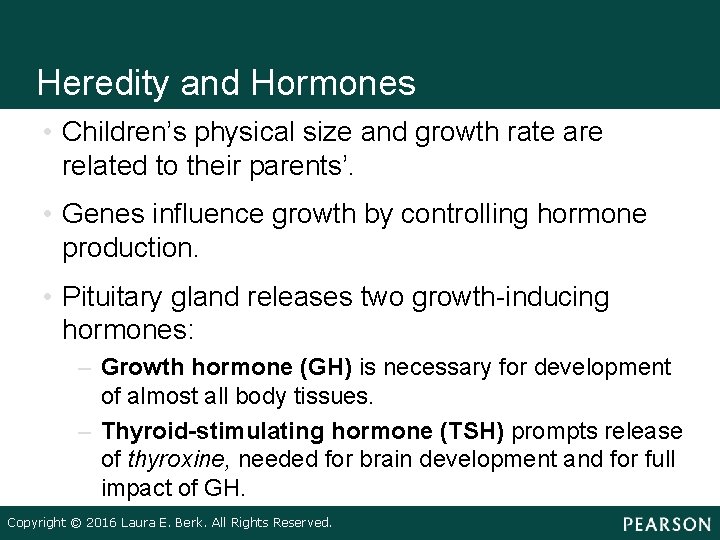 Heredity and Hormones • Children’s physical size and growth rate are related to their