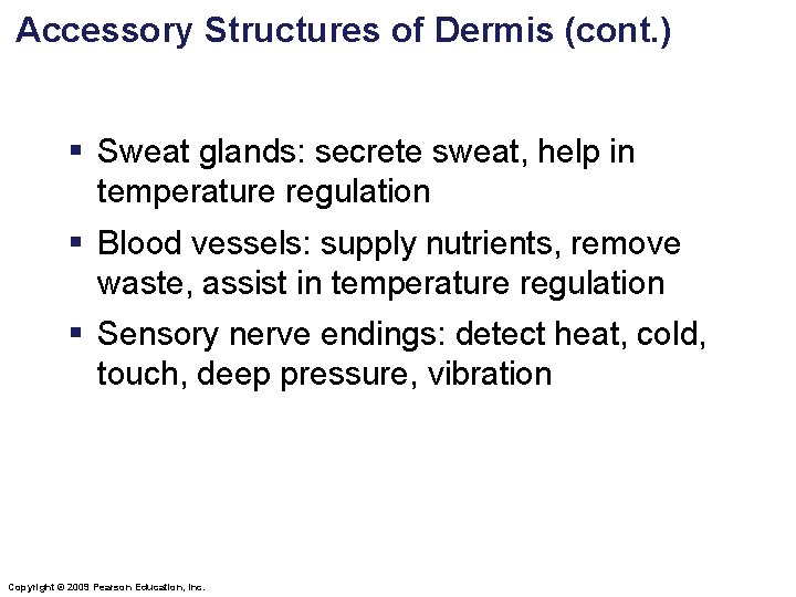 Accessory Structures of Dermis (cont. ) § Sweat glands: secrete sweat, help in temperature Accessory Structures of Dermis (cont. ) § Sweat glands: secrete sweat, help in temperature