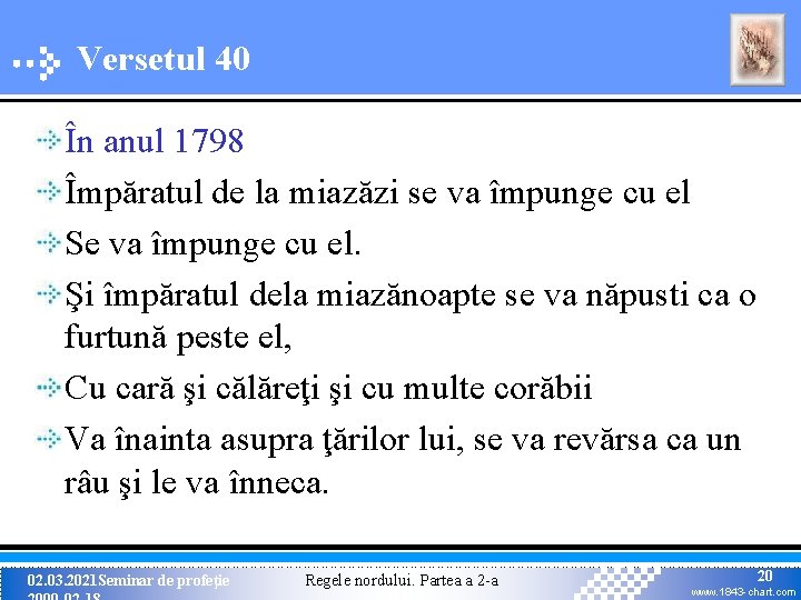 Versetul 40 În anul 1798 Împăratul de la miazăzi se va împunge cu el Versetul 40 În anul 1798 Împăratul de la miazăzi se va împunge cu el