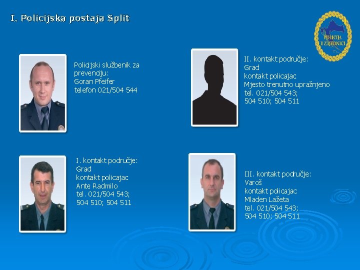 I. Policijska postaja Split Policijski službenik za prevenciju: Goran Pfeifer telefon 021/504 544 I.