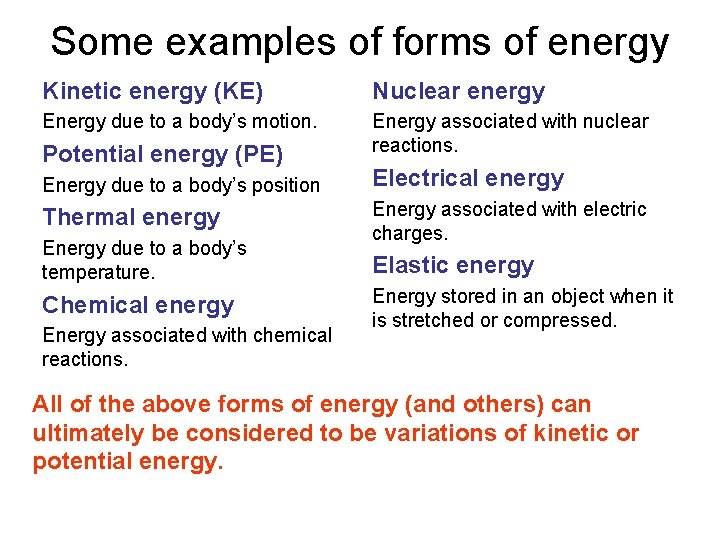 Some examples of forms of energy Kinetic energy (KE) Nuclear energy Energy due to