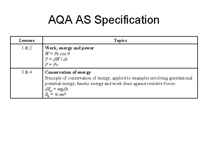 AQA AS Specification Lessons Topics 1&2 Work, energy and power W = Fs cos