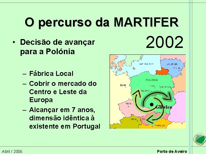 O percurso da MARTIFER • Decisão de avançar para a Polónia – Fábrica Local