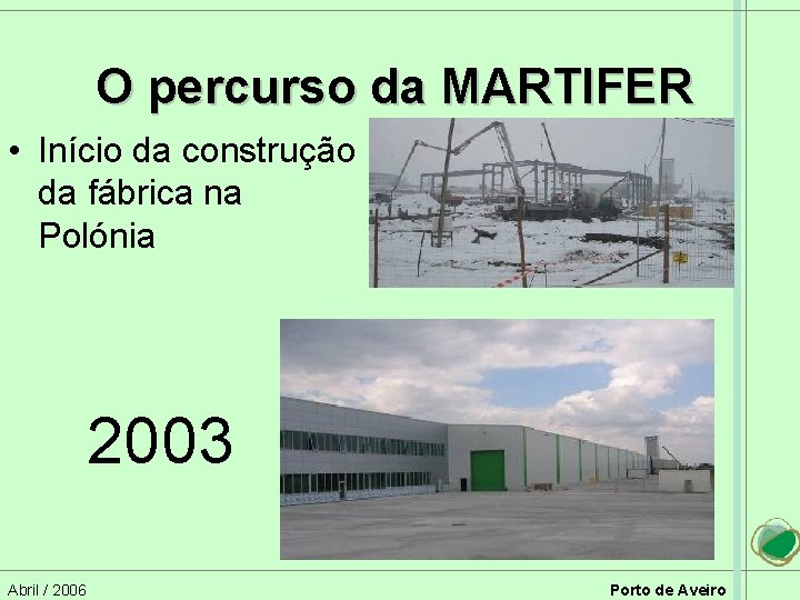 O percurso da MARTIFER • Início da construção da fábrica na Polónia 2003 Abril