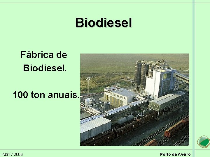 Biodiesel Fábrica de Biodiesel. 100 ton anuais. Abril / 2006 Porto de Aveiro 