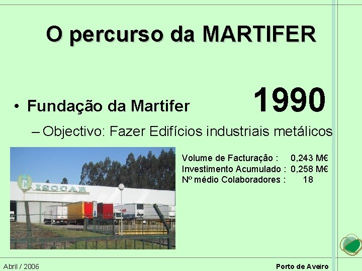 O percurso da MARTIFER • Fundação da Martifer 1990 – Objectivo: Fazer Edifícios industriais
