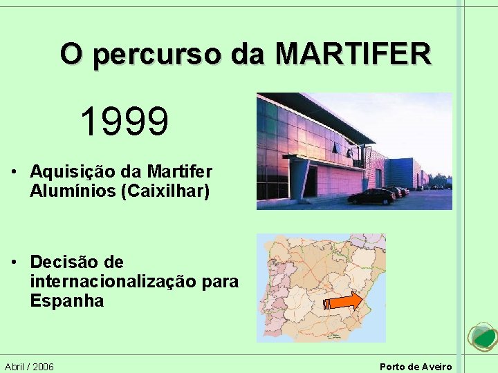 O percurso da MARTIFER 1999 • Aquisição da Martifer Alumínios (Caixilhar) • Decisão de