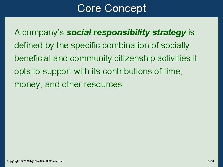 Core Concept A company’s social responsibility strategy is defined by the specific combination of