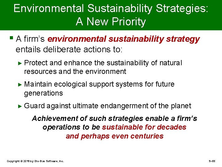 Environmental Sustainability Strategies: A New Priority § A firm’s environmental sustainability strategy entails deliberate