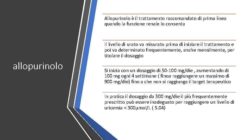 Allopurinolo è il trattamento raccomandato di prima linea quando la funzione renale lo consenta