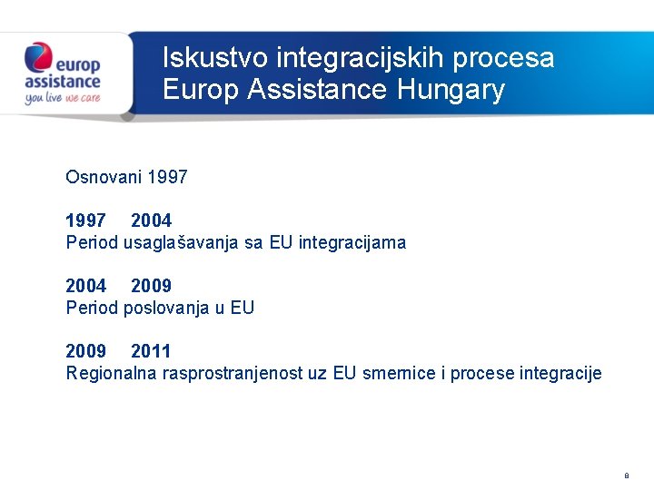 Iskustvo integracijskih procesa Europ Assistance Hungary Osnovani 1997 2004 Period usaglašavanja sa EU integracijama