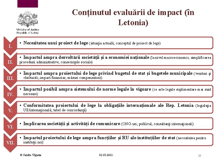 Conținutul evaluării de impact (în Letonia) I. III. IV. V. VII. • Necesitatea unui