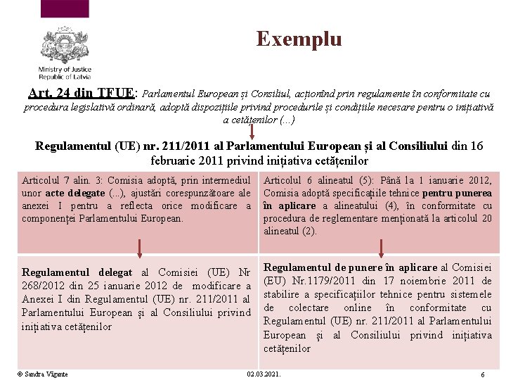 Exemplu Art. 24 din TFUE: Parlamentul European și Consiliul, acționînd prin regulamente în conformitate