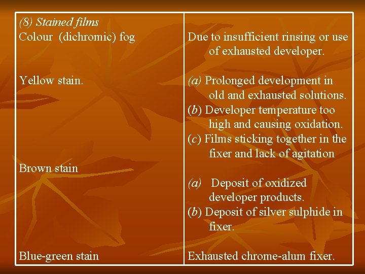 (8) Stained films Colour (dichromic) fog Yellow stain. Due to insufficient rinsing or use