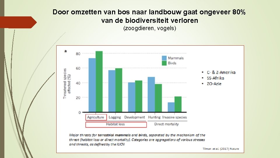 Door omzetten van bos naar landbouw gaat ongeveer 80% van de biodiversiteit verloren (zoogdieren,