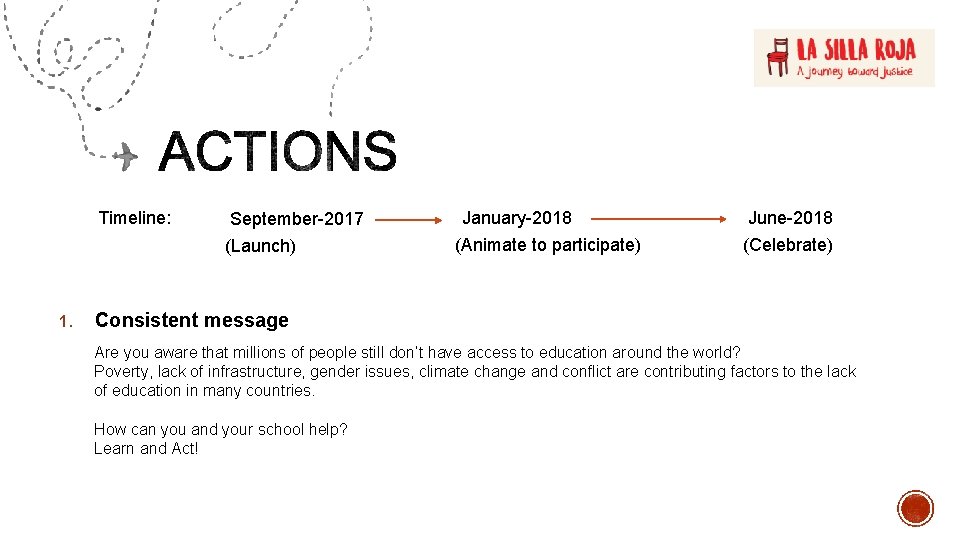 Timeline: September-2017 (Launch) 1. January-2018 (Animate to participate) June-2018 (Celebrate) Consistent message Are you