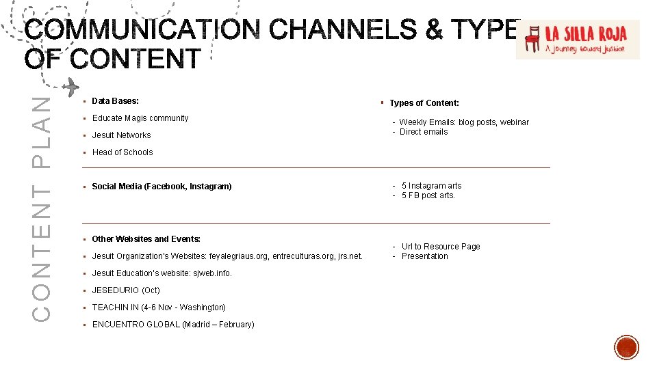 CONTENT PLAN § Data Bases: § Educate Magis community § Jesuit Networks § Types