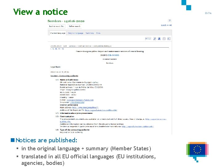 View a notice 22/36 n Notices are published: § in the original language +