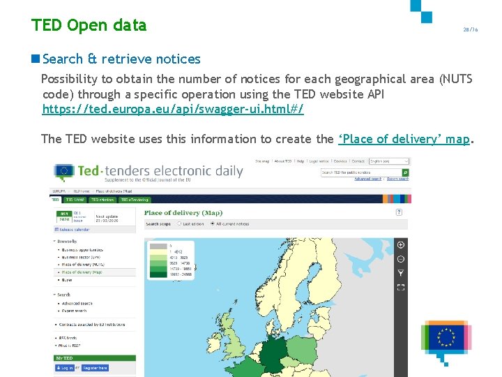 TED Open data 28/36 n Search & retrieve notices Possibility to obtain the number