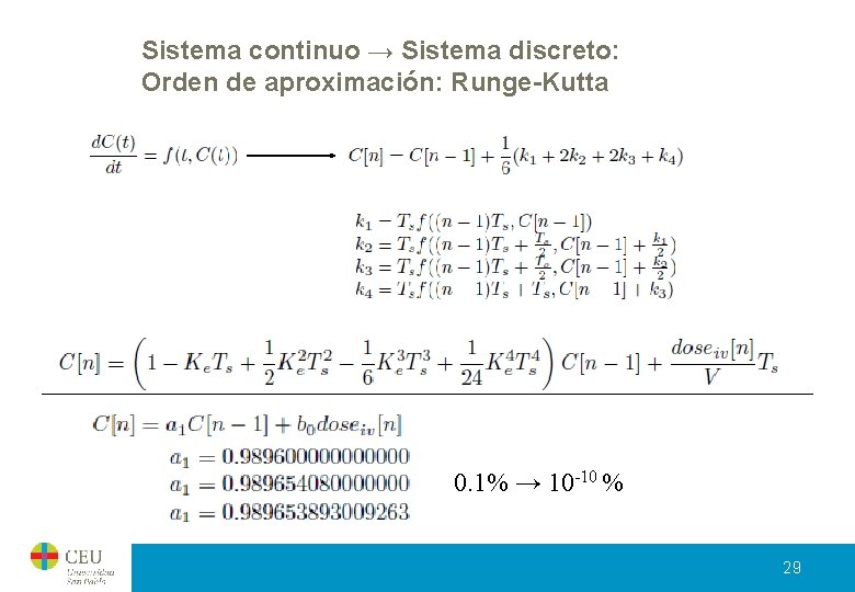 Sistema continuo → Sistema discreto: Orden de aproximación: Runge-Kutta 0. 1% → 10 -10 Sistema continuo → Sistema discreto: Orden de aproximación: Runge-Kutta 0. 1% → 10 -10
