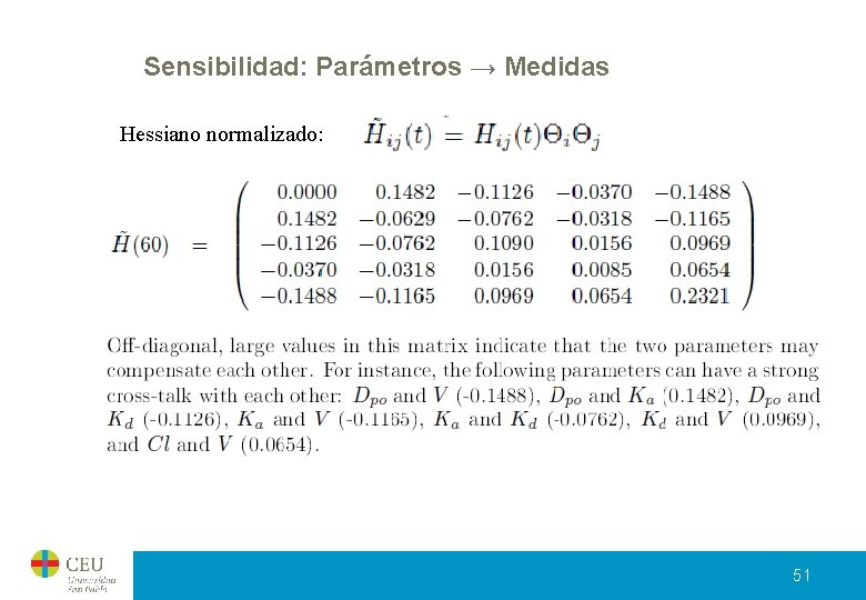 Sensibilidad: Parámetros → Medidas Hessiano normalizado: 51 Sensibilidad: Parámetros → Medidas Hessiano normalizado: 51