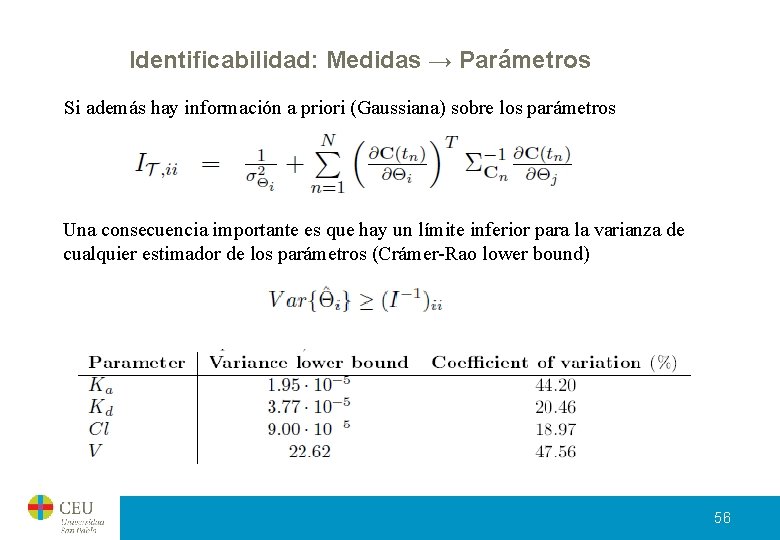 Identificabilidad: Medidas → Parámetros Si además hay información a priori (Gaussiana) sobre los parámetros Identificabilidad: Medidas → Parámetros Si además hay información a priori (Gaussiana) sobre los parámetros