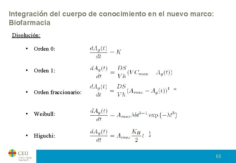 Integración del cuerpo de conocimiento en el nuevo marco: Biofarmacia Disolución: • Orden 0: Integración del cuerpo de conocimiento en el nuevo marco: Biofarmacia Disolución: • Orden 0: