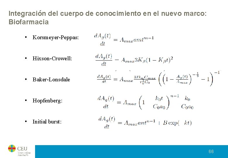 Integración del cuerpo de conocimiento en el nuevo marco: Biofarmacia • Korsmeyer-Peppas: • Hixson-Crowell: Integración del cuerpo de conocimiento en el nuevo marco: Biofarmacia • Korsmeyer-Peppas: • Hixson-Crowell: