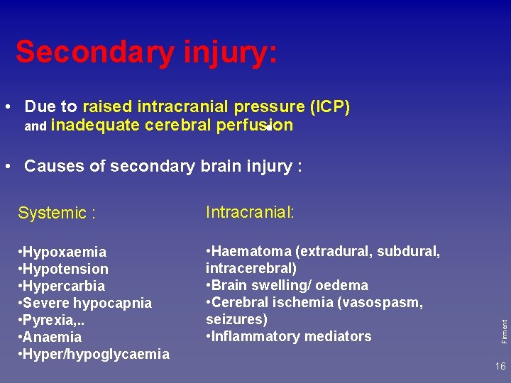 Secondary injury: • Due to raised intracranial pressure (ICP) and inadequate cerebral perfusion •