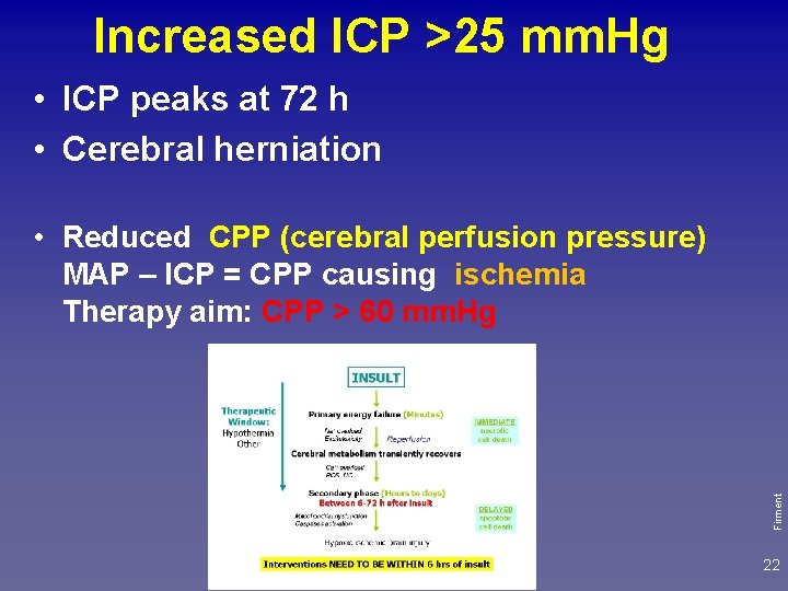 Increased ICP >25 mm. Hg • ICP peaks at 72 h • Cerebral herniation