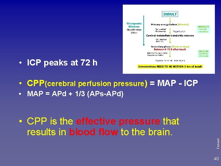  • ICP peaks at 72 h • CPP(cerebral perfusion pressure) = MAP -