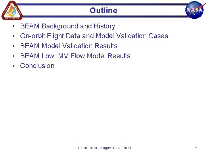 Outline • • • BEAM Background and History On-orbit Flight Data and Model Validation