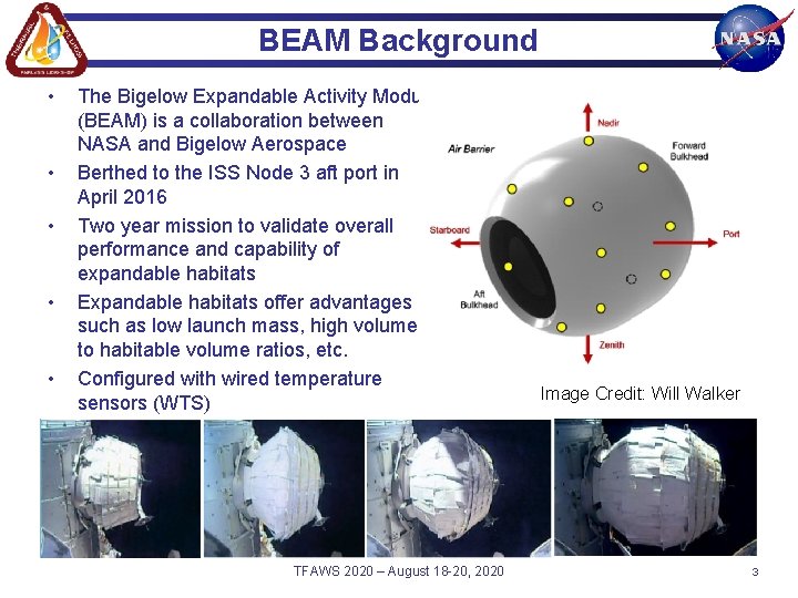 BEAM Background • • • The Bigelow Expandable Activity Module (BEAM) is a collaboration