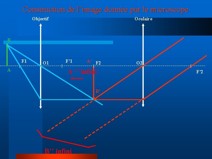 Construction de l’image donnée par le microscope Objectif Oculaire B F 1 A O